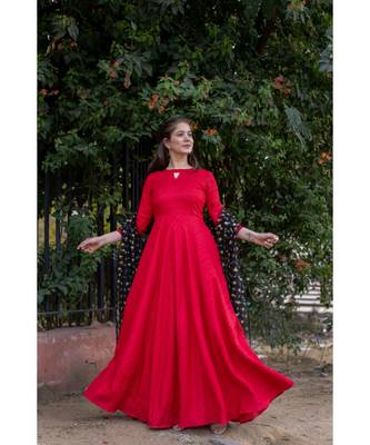 Silk Slub   Fit and Flare Anarkali with Embroidered Net Dupatta 2