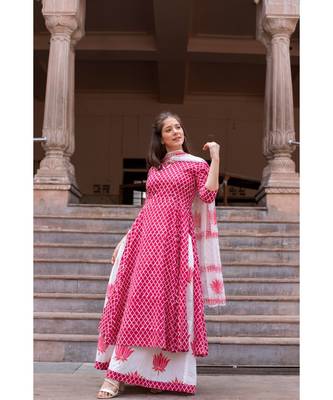 Hand Block Printed  Cotton Kurta,Skirt and Chiffon Dupatta Set 1