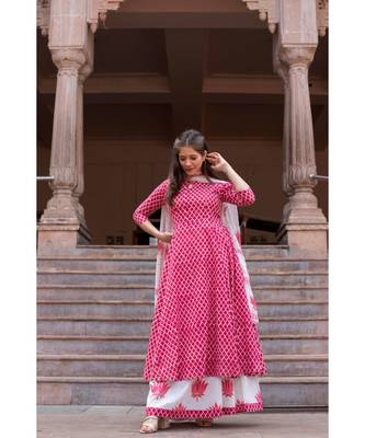 Hand Block Printed  Cotton Kurta,Skirt and Chiffon Dupatta Set 2