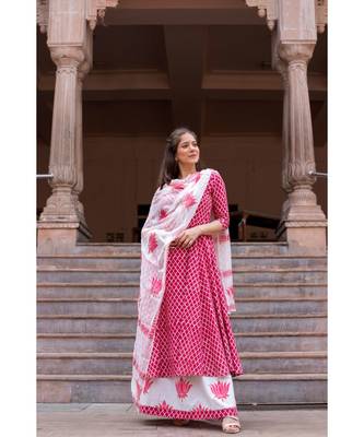 Hand Block Printed  Cotton Kurta,Skirt and Chiffon Dupatta Set 3