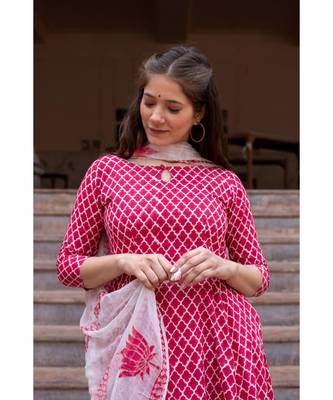 Hand Block Printed  Cotton Kurta,Skirt and Chiffon Dupatta Set 5