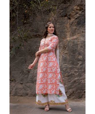Hand Block Printed  Cotton Kurta,Palazzo and Chiffon Dupatta Set 1