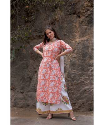 Hand Block Printed  Cotton Kurta,Palazzo and Chiffon Dupatta Set 2