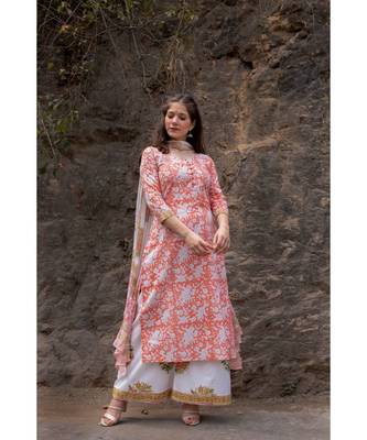 Hand Block Printed  Cotton Kurta,Palazzo and Chiffon Dupatta Set 3