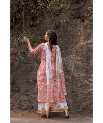 Hand Block Printed  Cotton Kurta,Palazzo and Chiffon Dupatta Set 4