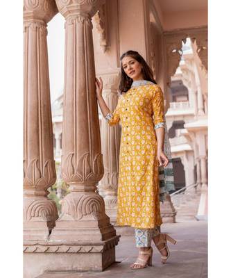 Hand Block Printed   Cotton Kurta,Pants and Chiffon Dupatta Set 1