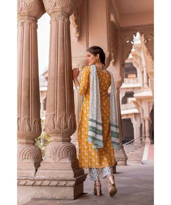 Hand Block Printed   Cotton Kurta,Pants and Chiffon Dupatta Set 3