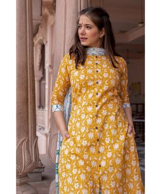 Hand Block Printed   Cotton Kurta,Pants and Chiffon Dupatta Set 5