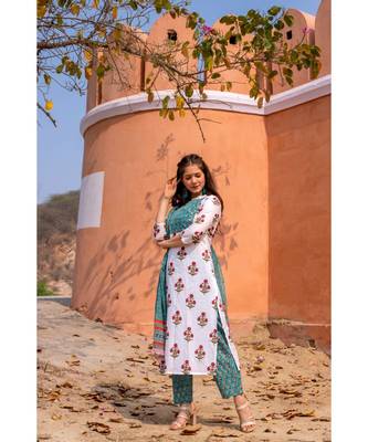 Hand Block Printed  Cotton Kurta,Pants and Chiffon Dupatta Set 1