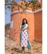 Hand Block Printed  Cotton Kurta,Pants and Chiffon Dupatta Set