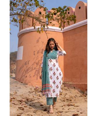 Hand Block Printed  Cotton Kurta,Pants and Chiffon Dupatta Set 3