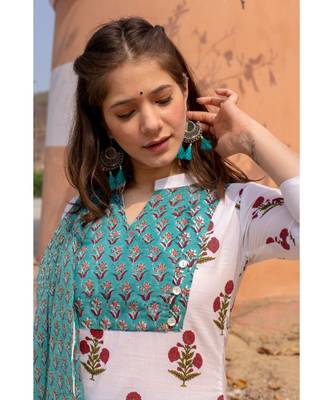Hand Block Printed  Cotton Kurta,Pants and Chiffon Dupatta Set 4