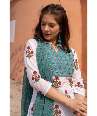 Hand Block Printed  Cotton Kurta,Pants and Chiffon Dupatta Set 5