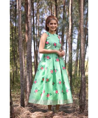 Floral Printed L inen Cotton   Fit and Flare Midi Dress. (Sleeve Fabric Attached Inside) 1