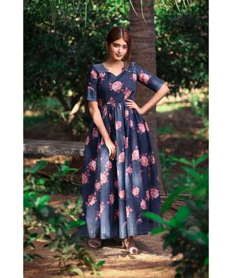 Floral Printed  Linen Cotton   Fit and Flare Dress 1