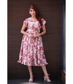 Printed Muslin   Midi Dress with Ruffles