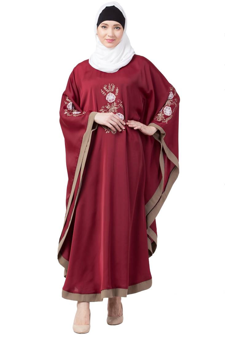Islamic Lifestyle Kaftan abaya- Embroidered Designer abaya with Beige Border | Koshibo fabric