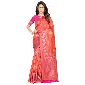Peach Woven Banarasi Silk Saree With Blouse 1
