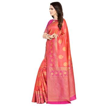 Peach Woven Banarasi Silk Saree With Blouse 2