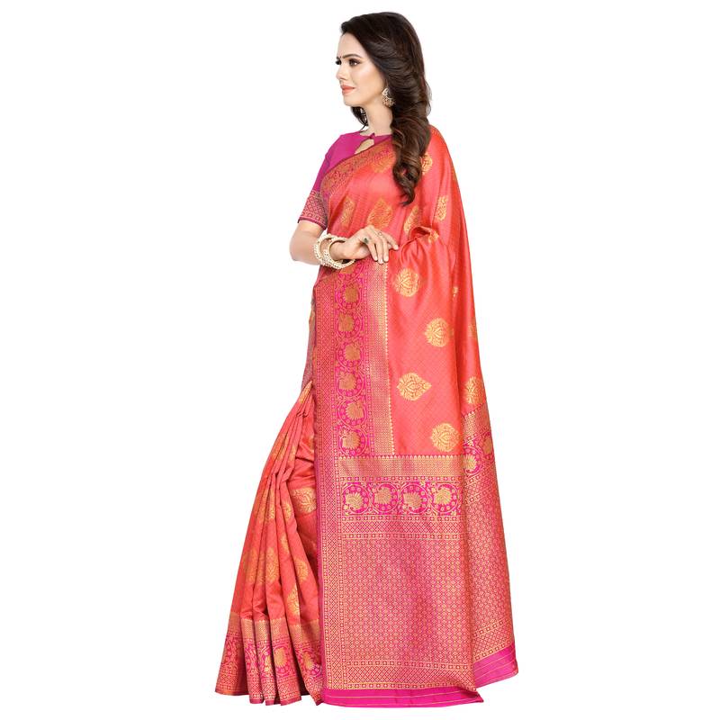 Peach Woven Banarasi Silk Saree With Blouse
