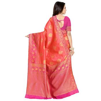 Peach Woven Banarasi Silk Saree With Blouse 3