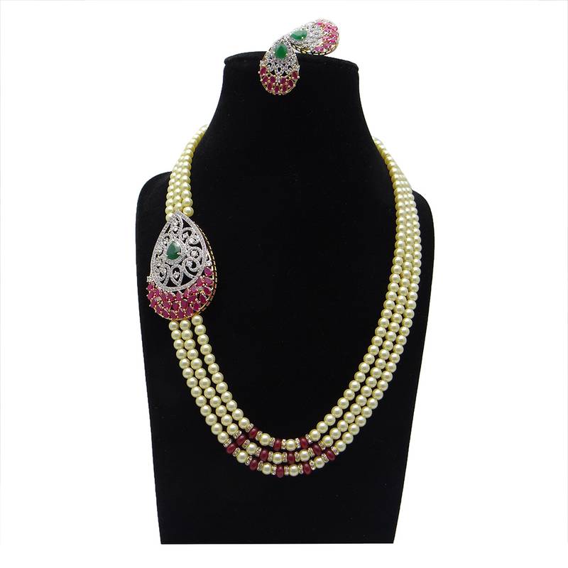 side brooch ruby pearls necklace set
