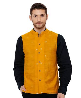 Men's Cotton Self weaving Mustard Colour sleeveless reversible Nehru Jackets 1