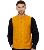 Men's Cotton Self weaving Mustard Colour sleeveless reversible Nehru Jackets