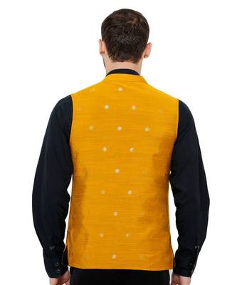 Men's Cotton Self weaving Mustard Colour sleeveless reversible Nehru Jackets 2