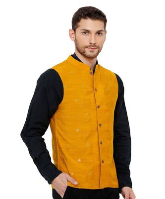 Men's Cotton Self weaving Mustard Colour sleeveless reversible Nehru Jackets 3