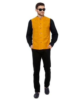Men's Cotton Self weaving Mustard Colour sleeveless reversible Nehru Jackets 4