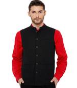 Men's Cotton Self weaving Black Colour sleeveless Nehru Jackets