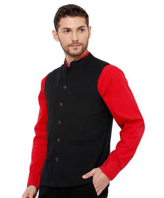 Men's Cotton Self weaving Black Colour sleeveless Nehru Jackets 3