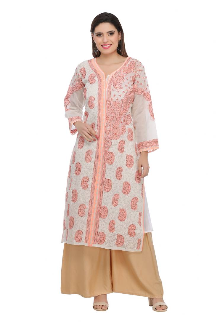 Ada Peach Cotton Chikankari Kurti