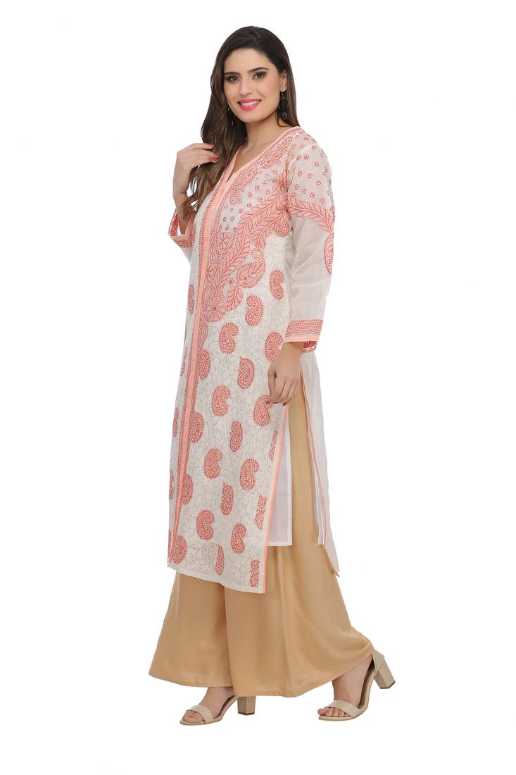 Ada Peach Cotton Chikankari Kurti