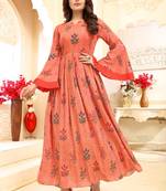 Navraj Fashion Women's Orange Floral Printed Rayon Flared Gown Kurta