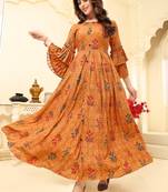 Navraj Fashion Women's Orange Floral Printed Rayon Gown Kurta With Double Flute Sleeves