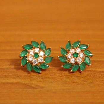 Green Flower Shaped Big Gold Plated Studs 1