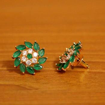Green Flower Shaped Big Gold Plated Studs 2