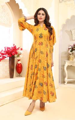 Women's Yellow Floral Printed Rayon Gown Kurta With Slit Sleeves 1