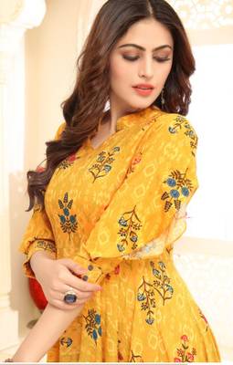 Women's Yellow Floral Printed Rayon Gown Kurta With Slit Sleeves 2