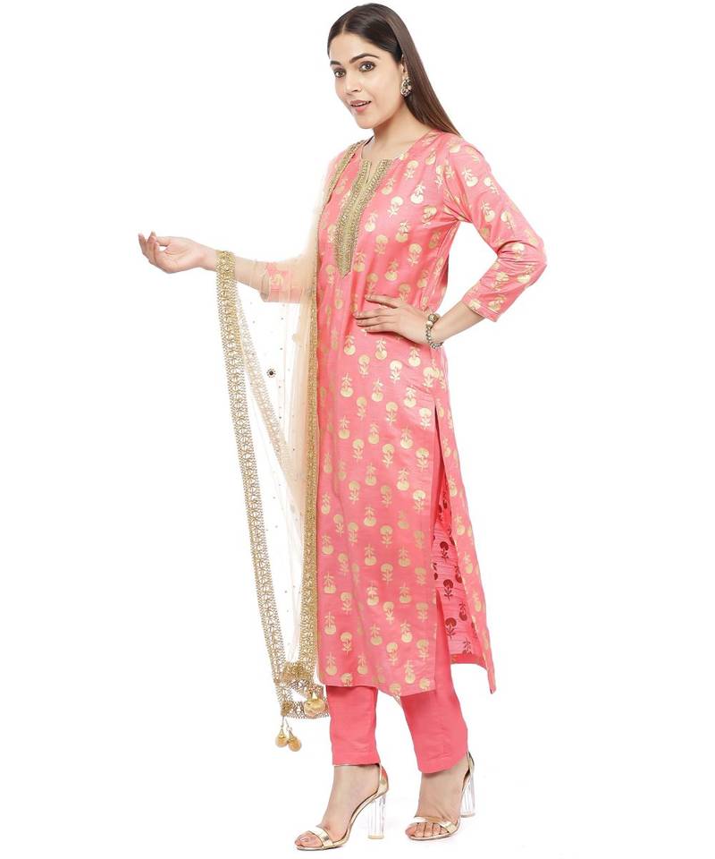 Smiling Peach Straight Kurti with Straight Pants and Mirror Stone Dupatta