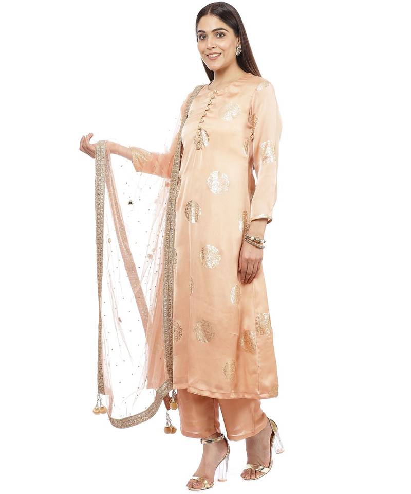Gold Blush Foil Straight Kurti with Straight Palazzo and Mirror Stone Dupatta
