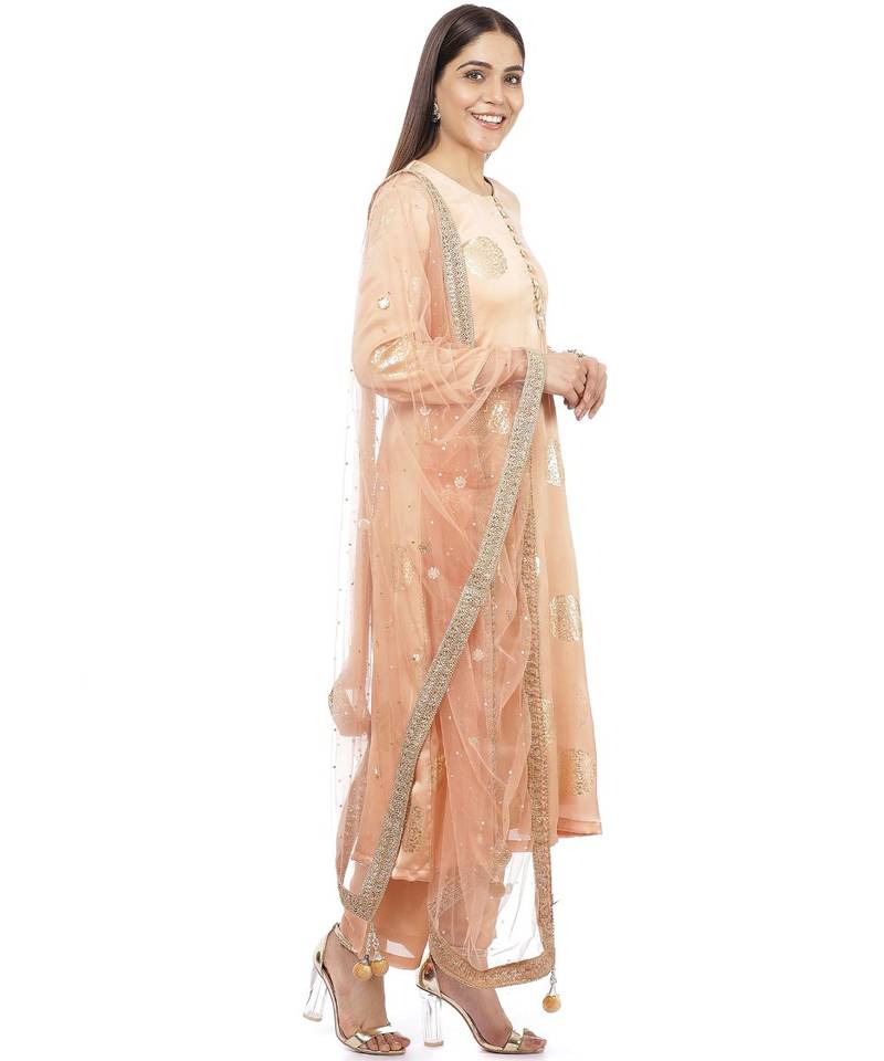 Gold Blush Foil Straight Kurti with Straight Palazzo and Mirror Stone Dupatta
