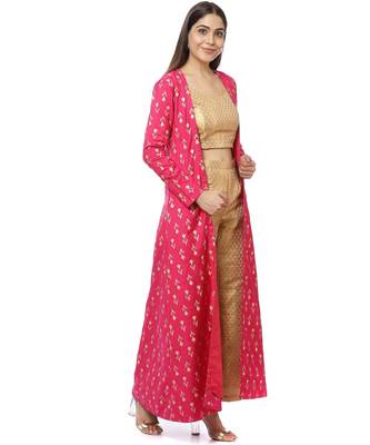 Pixie Pink Jacket Style Kurti with Gold Brocade Blouse and Palazzo 1