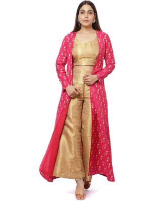 Pixie Pink Jacket Style Kurti with Gold Brocade Blouse and Palazzo 2