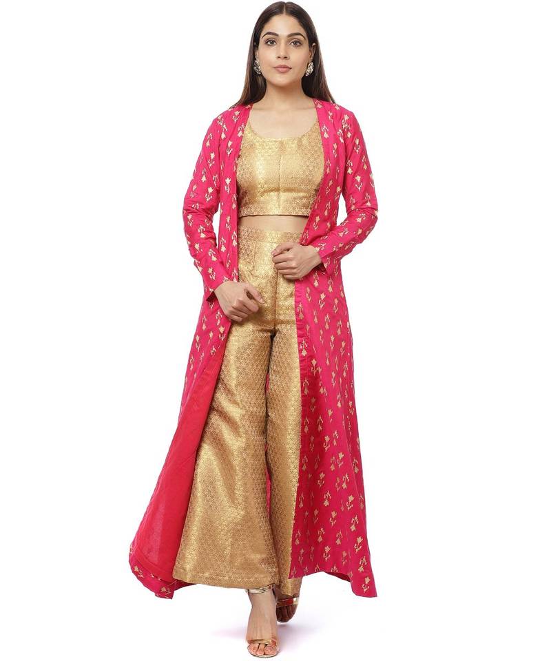 Pixie Pink Jacket Style Kurti with Gold Brocade Blouse and Palazzo