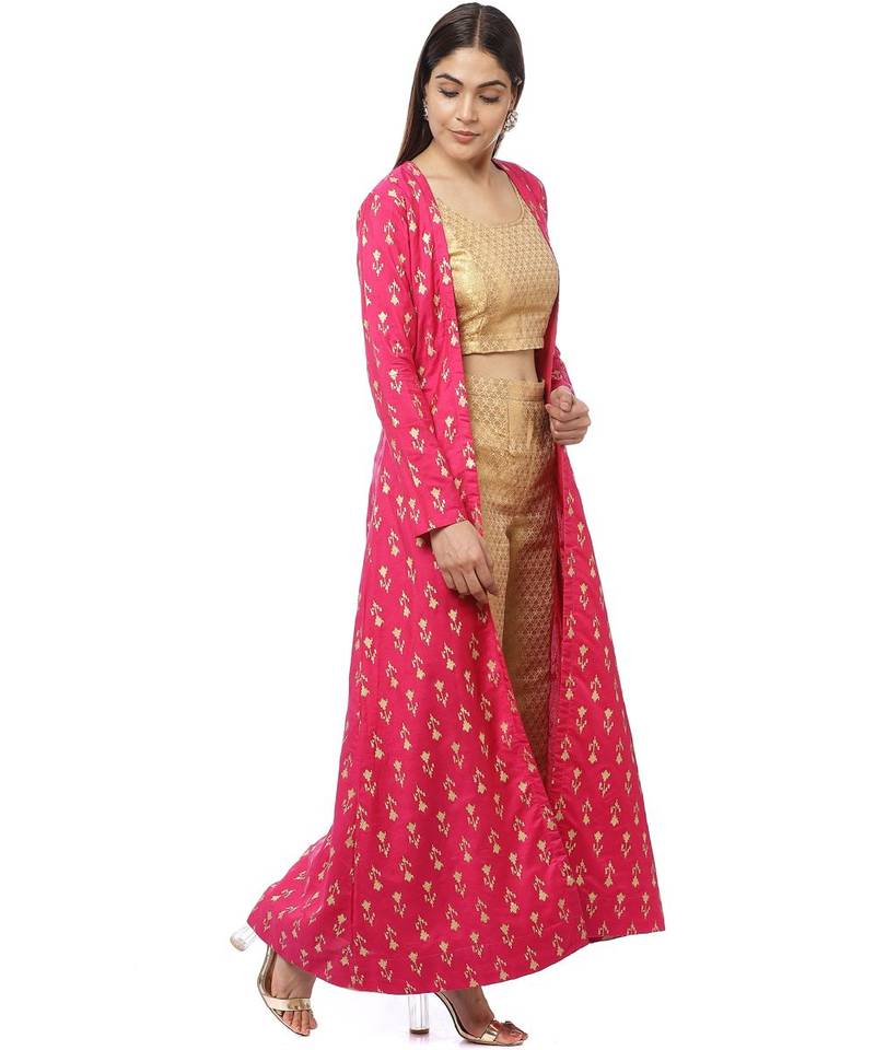 Pixie Pink Jacket Style Kurti with Gold Brocade Blouse and Palazzo