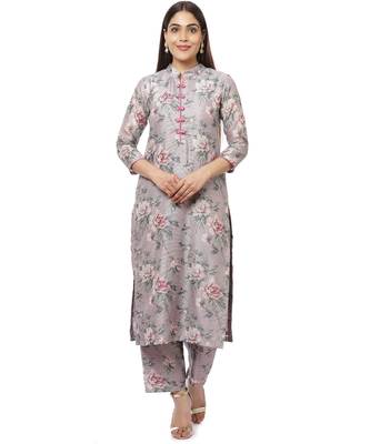 Pearl Purple Floral Thread Straight Kurti with Straight Palazzos 1
