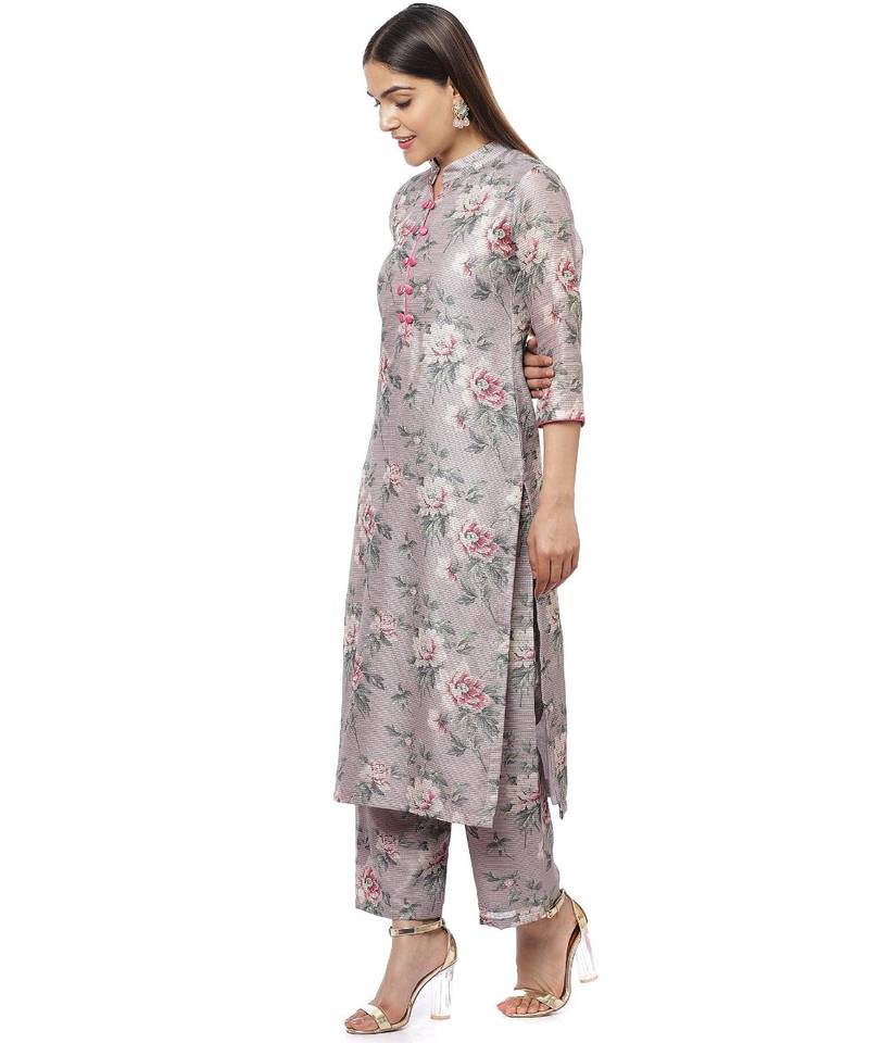 Pearl Purple Floral Thread Straight Kurti with Straight Palazzos